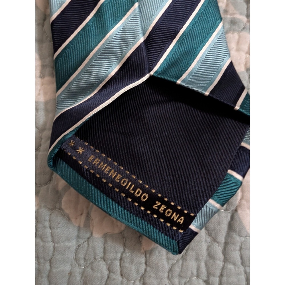 Ermenegildo Zegna Mens Silk Tie Teal Navy Blue White Diagonal Stripe Made Italy - Picture 3 of 4